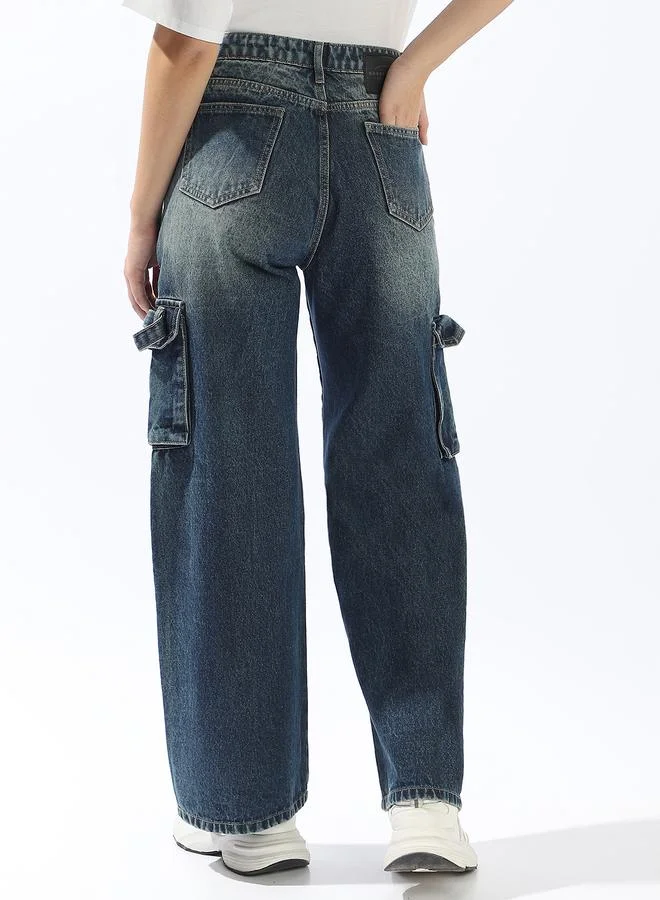 Hubberholme  Women's Blue 100% Cotton Textured Full Wide Leg Jeans for Women | Best Price UAE