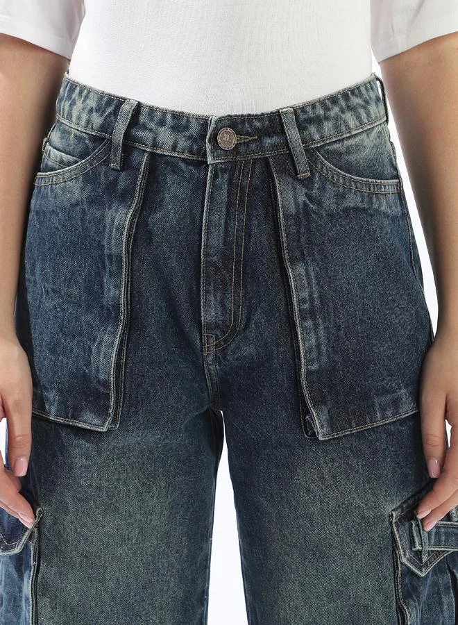 Hubberholme  Women's Blue 100% Cotton Textured Full Wide Leg Jeans for Women | Best Price UAE