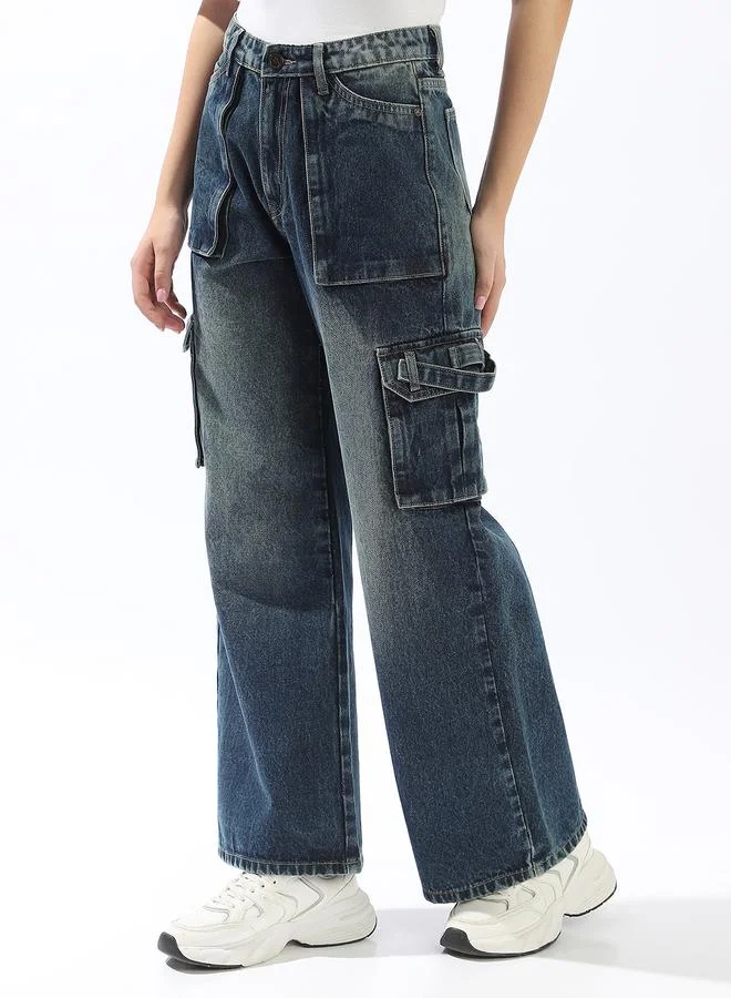 Hubberholme  Women's Blue 100% Cotton Textured Full Wide Leg Jeans for Women | Best Price UAE