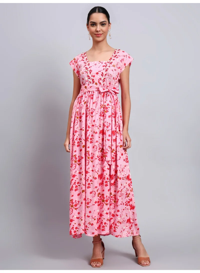 Women Floral Printed Cotton Jalabiya with Cap Sleeves & Square Neckline-AL4010