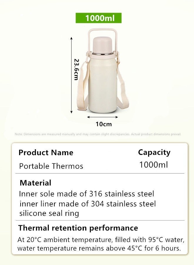 Thermos 1000ml Water Bottle 316 Stainless Steel Travel Coffee Cup Water Cup Tea Cup Vacuum Insulated Bottle Car Cup Vacuum Cup Leakproof Insulated Cup Water Bottle Thermos With Led Touch Screen Tempreture Display With Double Wall Vacuum Insulated White - Image 3