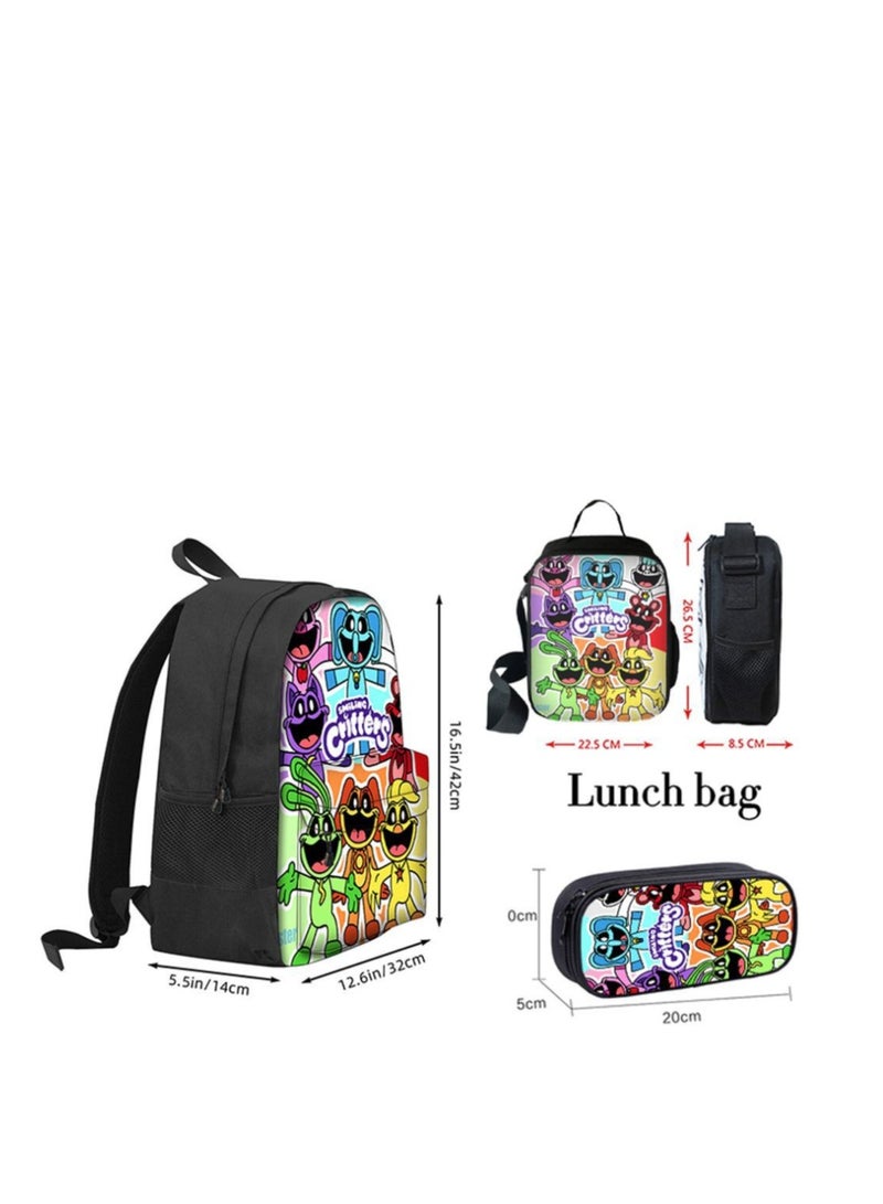 Y&D 3-piece set Smiling Critters Anime Backpacks Smiling Critters Lightweight Backpacks Meal Bags Pen Bags Cute CatNap Cartoon Stuffed Anime Smiling Critters backbags - Image 2