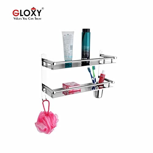 GLOXY ENTERPRISE Stainless Steel 2 Layer Multipurpose Use Shelf Organizer Bathroom Shelf and Rack with Toothbrush Holder Bathroom Accessories - Image 2