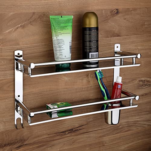 GLOXY ENTERPRISE Stainless Steel 2 Layer Multipurpose Use Shelf Organizer Bathroom Shelf and Rack with Toothbrush Holder Bathroom Accessories - Image 1