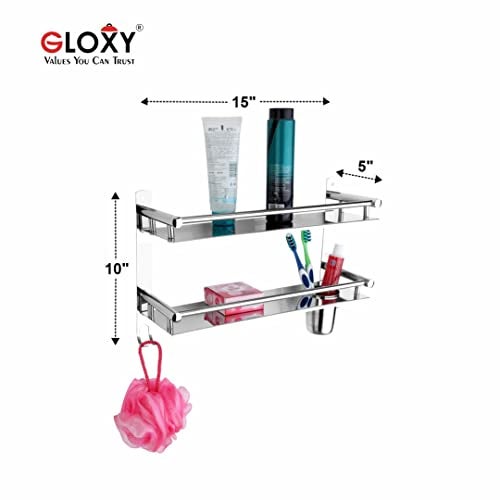 GLOXY ENTERPRISE Stainless Steel 2 Layer Multipurpose Use Shelf Organizer Bathroom Shelf and Rack with Toothbrush Holder Bathroom Accessories - Image 5