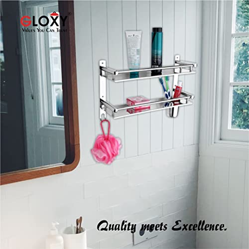 GLOXY ENTERPRISE Stainless Steel 2 Layer Multipurpose Use Shelf Organizer Bathroom Shelf and Rack with Toothbrush Holder Bathroom Accessories - Image 4