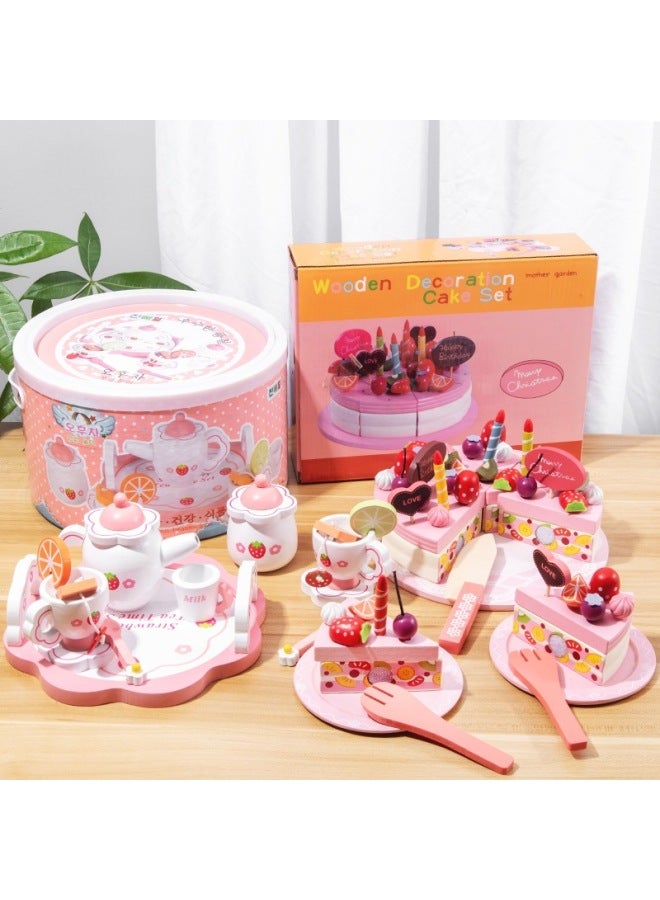 مجموعة ألعاب مطبخ محاكاة الطبخ للفتيات، لعبة شاي الظهيرة، كعكة ، لعبة تشي لو الخشبية، اللون: شاي الظهيرة الأبيض الجميل (برميل) - Image 2