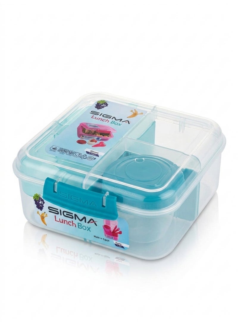 SIGMA Multi-Compartment Kids & Adults Lunch Box (1.25L) with Cutlery Set & Sauce Container –Turquoise - Image 1