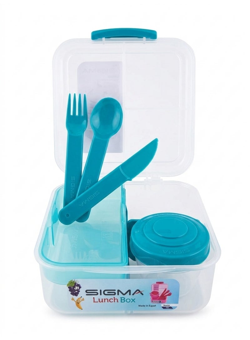 SIGMA Multi-Compartment Kids & Adults Lunch Box (1.25L) with Cutlery Set & Sauce Container –Turquoise - Image 2