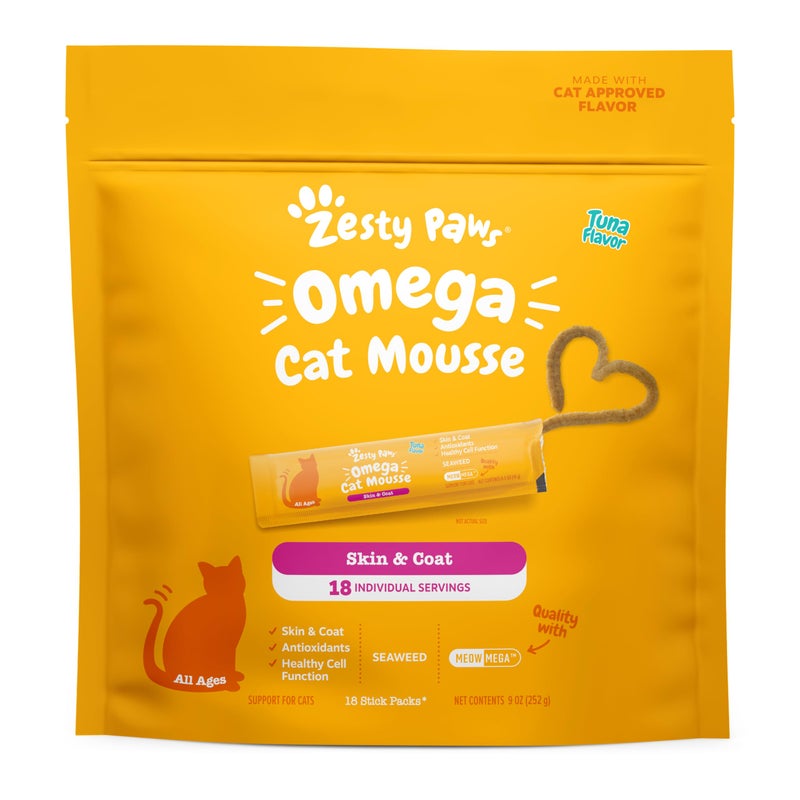Zesty Paws Omega Cat Mousse Squeezable Cat Treats - with Seaweed, Omega Fatty Acids, Antioxidants Vitamins & Minerals - Skin & Coat Support for Cats - Tuna Fish Flavor - 18 Count - Image 1