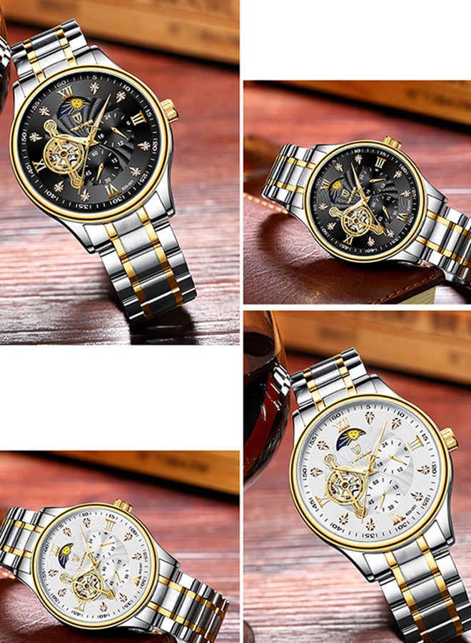 ساعة يد رجالية كرونوغراف Chronograph أوتوماتيكية ميكانيكية مع عقارب, لها مؤشر مضيء, تظهر حالة القمر- مع سوار من الفولاذ الصلب.