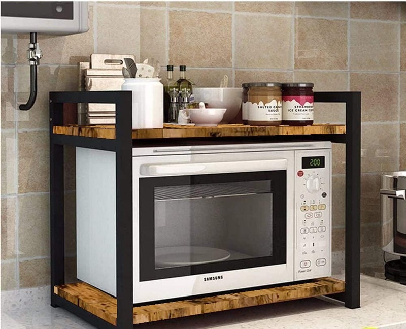 HIRVALL HIRVALL Retractable Microwave Stand Countertop Extendable Microwave Oven Rack Mild Steel And Solid Acacia Wood Microwave Shelf Countertop Contains 2Tier  - Image 1
