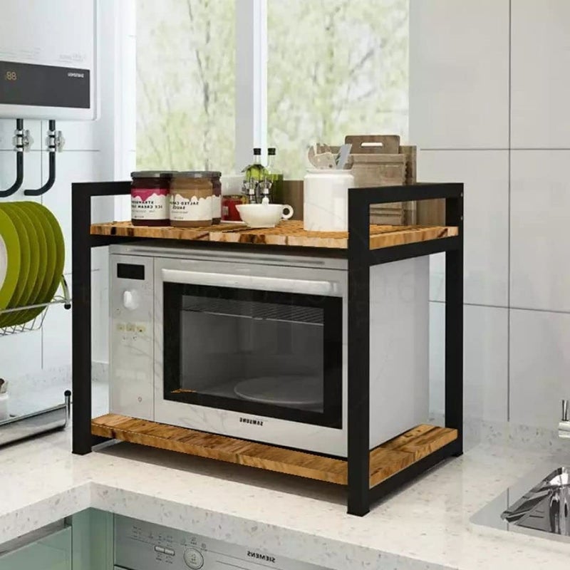 HIRVALL HIRVALL Retractable Microwave Stand Countertop Extendable Microwave Oven Rack Mild Steel And Solid Acacia Wood Microwave Shelf Countertop Contains 2Tier  - Image 2