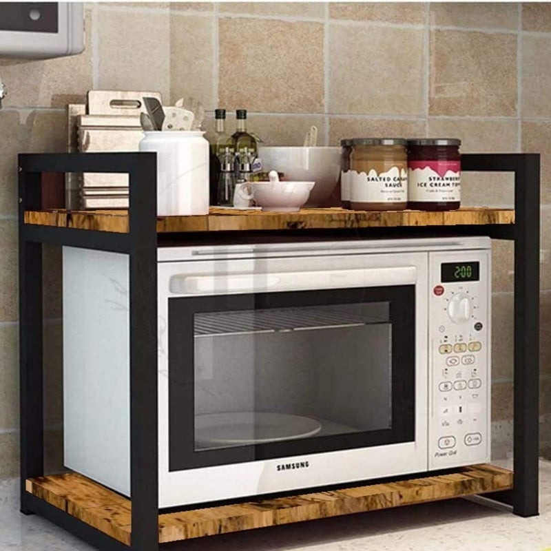 HIRVALL HIRVALL Retractable Microwave Stand Countertop Extendable Microwave Oven Rack Mild Steel And Solid Acacia Wood Microwave Shelf Countertop Contains 2Tier  - Image 5