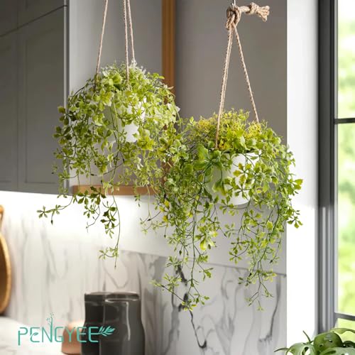 PENGYEE 3 Packs Fake Hanging Plants with White Pots, 13" Artificial Hanging Plants for Wall Decor, Fake Plants Mandala Vine Indoor/Outdoor for Home Bathroom Bedroom Kitchen Office Room Decor - Image 3