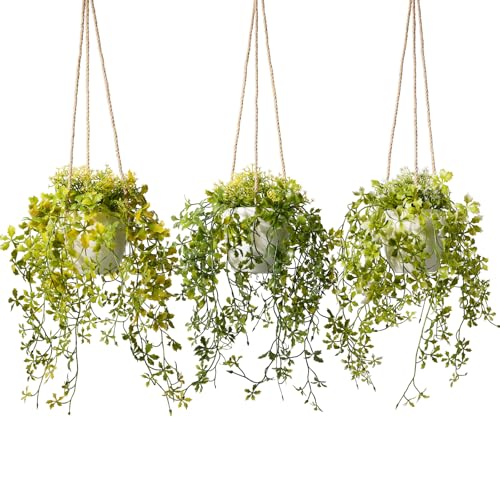 PENGYEE 3 Packs Fake Hanging Plants with White Pots, 13" Artificial Hanging Plants for Wall Decor, Fake Plants Mandala Vine Indoor/Outdoor for Home Bathroom Bedroom Kitchen Office Room Decor - Image 1