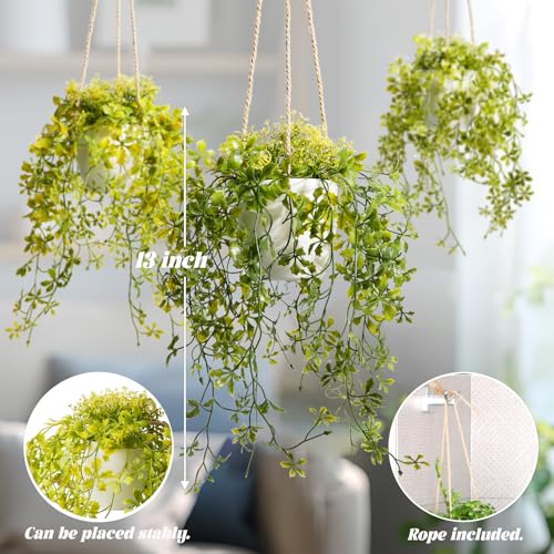 PENGYEE 3 Packs Fake Hanging Plants with White Pots, 13" Artificial Hanging Plants for Wall Decor, Fake Plants Mandala Vine Indoor/Outdoor for Home Bathroom Bedroom Kitchen Office Room Decor - Image 4