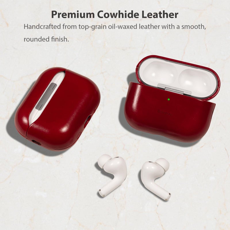 Belemay Handcrafted Oil-Waxed Leather Case for AirPods Pro 3rd Gen (2025), Genuine Cowhide, Smooth Glossy Lively Two-Tone Patina, Compatible with MagSafe, Compatible with Airpods Pro 3, Crimson Red - Image 3