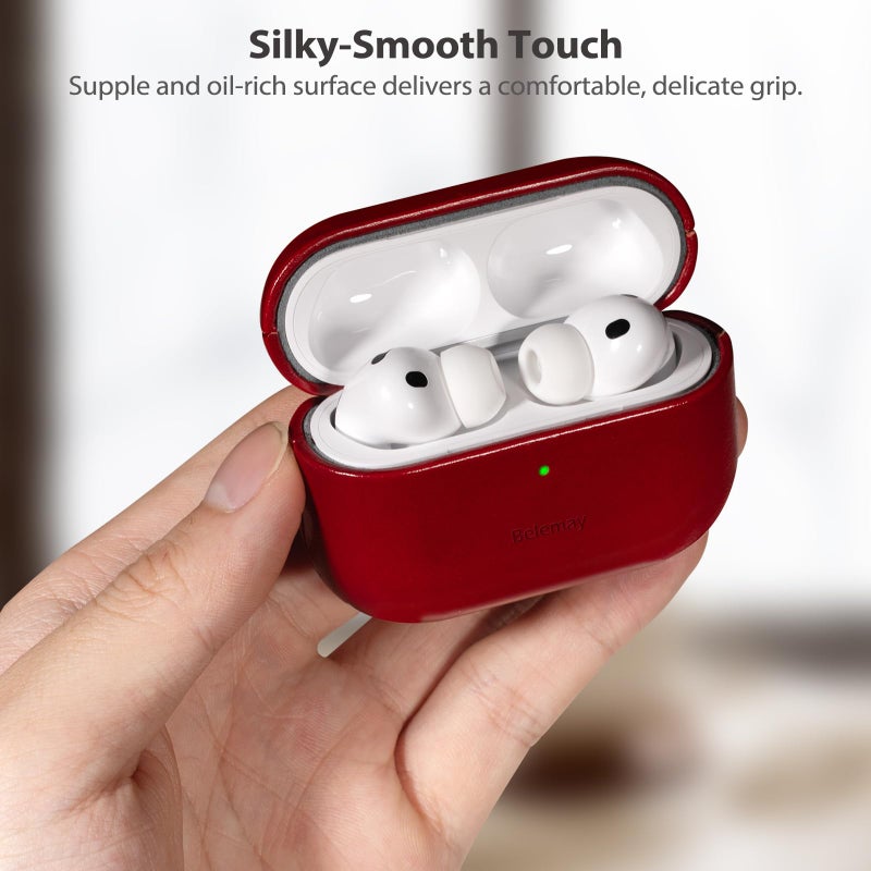 Belemay Handcrafted Oil-Waxed Leather Case for AirPods Pro 3rd Gen (2025), Genuine Cowhide, Smooth Glossy Lively Two-Tone Patina, Compatible with MagSafe, Compatible with Airpods Pro 3, Crimson Red - Image 5