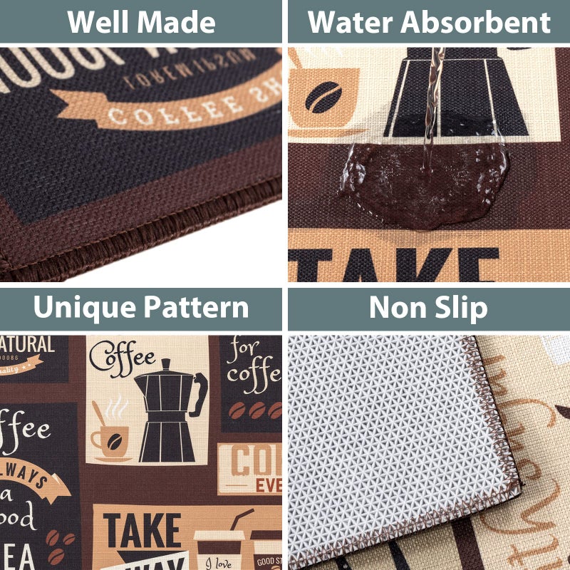 Carvapet 2 Piece Kitchen Rug Set with Non Slip Backing Washable Floor Mats for Kitchen Sink Doormat and Runner Rugs Throw Carpet Cafe Design (17"x48"+17"x24") - Image 3