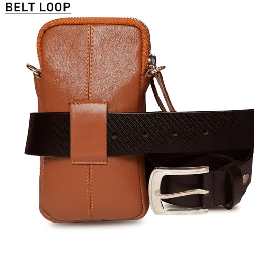 ABYS Tan Genuine Leather Unisex Mini Mobile Bag,Mobile & Passport Pouch for Women,Sling Multipurpose Travel Bag for Men,Adjustable Detachable Strap - Image 3