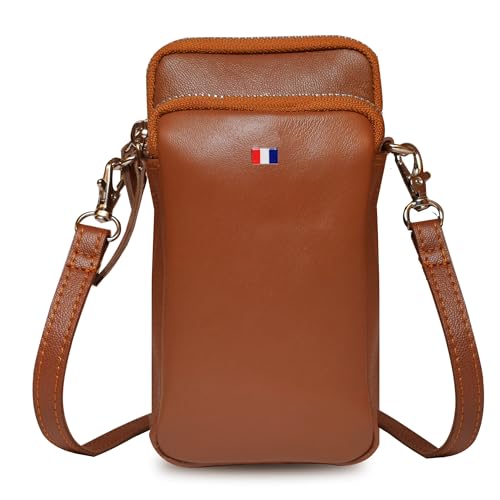 ABYS Tan Genuine Leather Unisex Mini Mobile Bag,Mobile & Passport Pouch for Women,Sling Multipurpose Travel Bag for Men,Adjustable Detachable Strap - Image 1