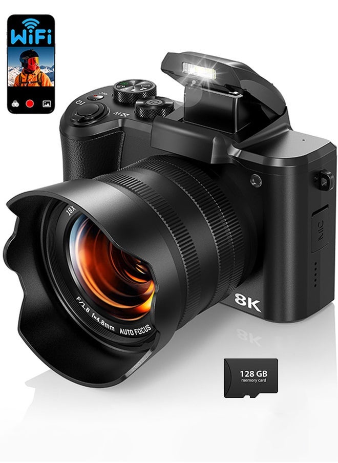 Generic 8K Digital Camera, 88MP Cameras for Photography with WiFi & Touch Screen, 16X Zoom Vlogging Camera for YouTube Video, Autofocus & Anti-Shake, Dual Camera, Batteries, 128GB Card, Flash, Lens Hood  - Image 1