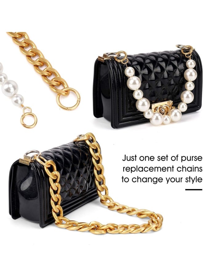 cenoz Purse Replacement Chains with Clasp 2PCS DIY Heavy Chunky Aluminum Metal Chain Imitation Pearl Bead Purse Strap Handbag Chain Accessories for Bag Decoration (Gold and Pearl White) - Image 2