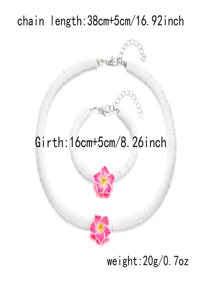 KZL Hawaiian Plumeria Choker Necklace Bracelet Set Bohemia Tropical Flower Clay Beaded Strand Bracelet Summer Beach Choker Necklace for Women Vacation Party Jewelry Gift-Style 2 - Image 2
