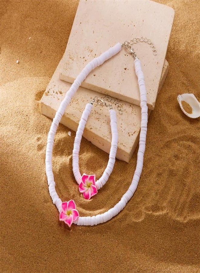 KZL Hawaiian Plumeria Choker Necklace Bracelet Set Bohemia Tropical Flower Clay Beaded Strand Bracelet Summer Beach Choker Necklace for Women Vacation Party Jewelry Gift-Style 2 - Image 3