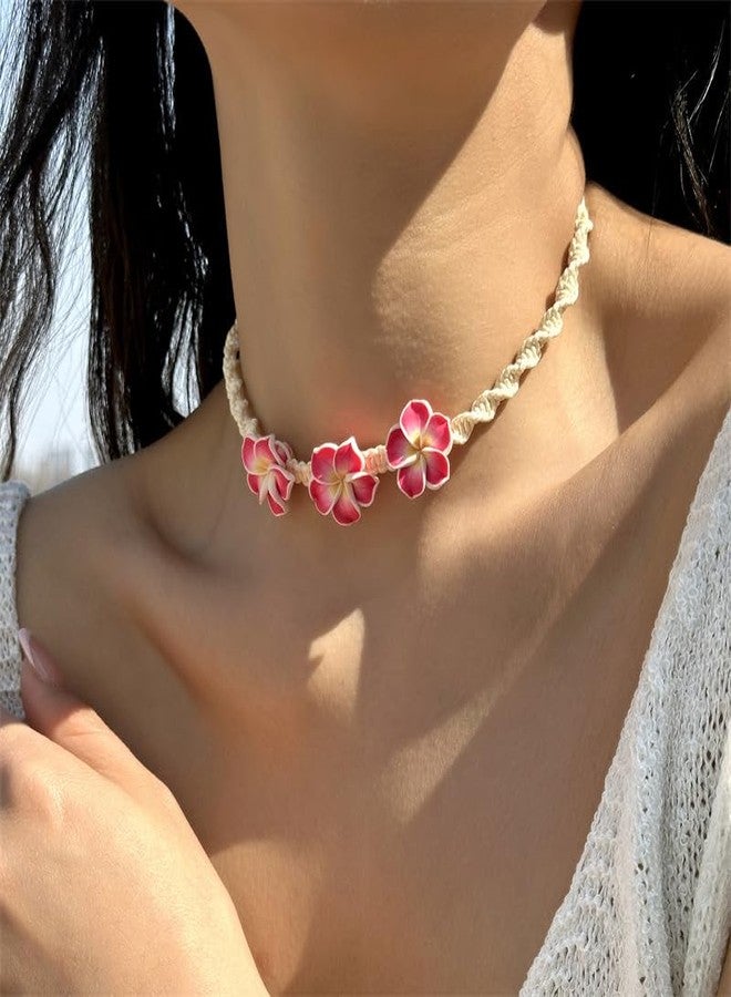 KZL Hawaiian Plumeria Choker Necklace Bracelet Set Bohemia Tropical Flower Clay Beaded Strand Bracelet Summer Beach Choker Necklace for Women Vacation Party Jewelry Gift-Style 2 - Image 4