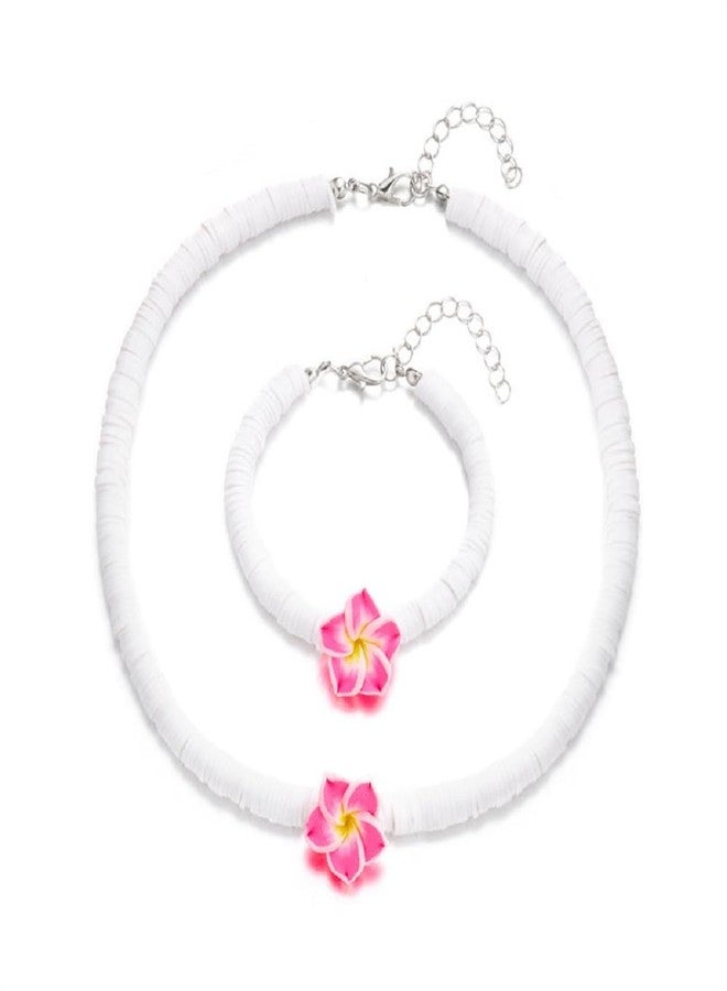KZL Hawaiian Plumeria Choker Necklace Bracelet Set Bohemia Tropical Flower Clay Beaded Strand Bracelet Summer Beach Choker Necklace for Women Vacation Party Jewelry Gift-Style 2 - Image 1