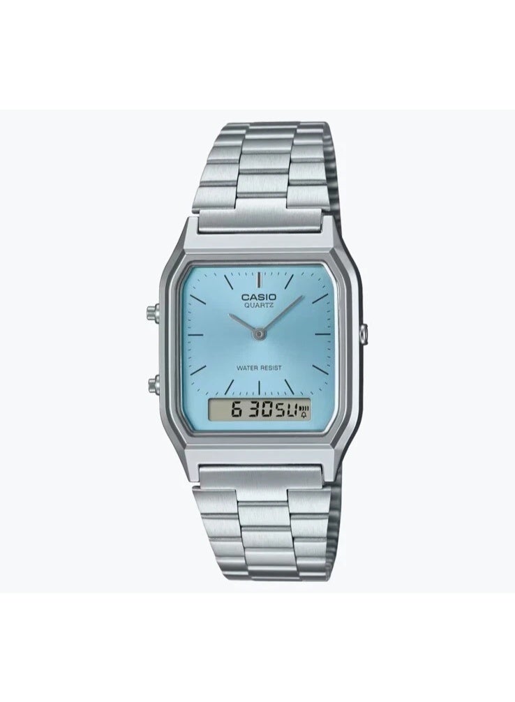 Casio Vintage Unisex Quartz Stainless Steel Blue Dial Analog Digital Watch AQ-230A-2A1MQYDF - Image 1
