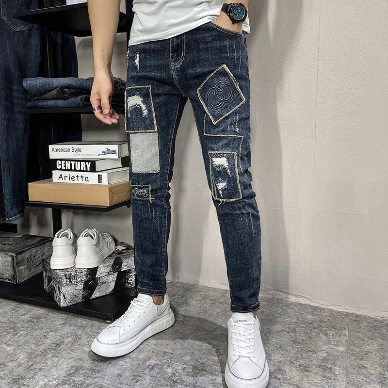 Trendy Ripped Patch Slim-Fit Mens Jeans Blue C02 Padded Jeans 