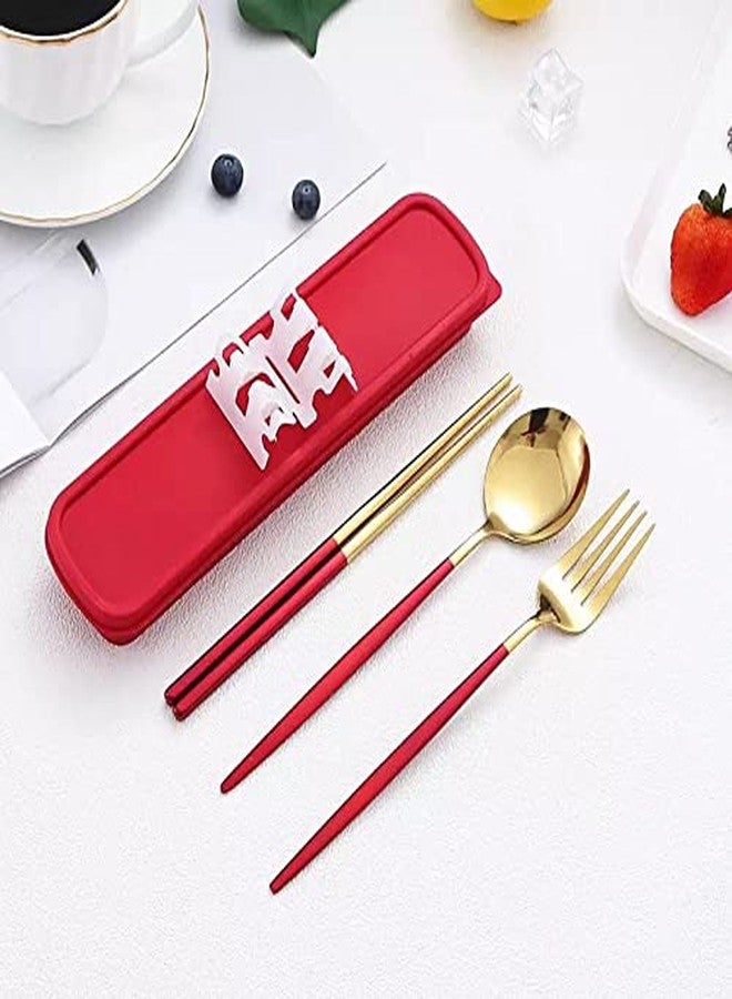 CherryBox Premium Spoon Fork & Chopstick Set - Flatware Dinnerware Cutlery Tableware Set - Gold Plated 304 Stainless Steel (Red) - Image 3