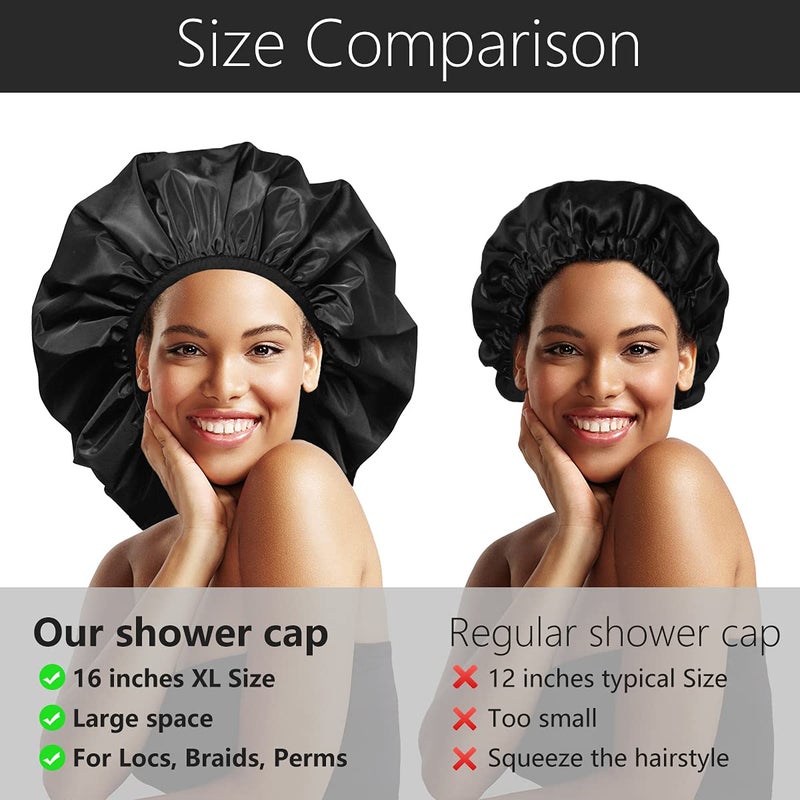 Auban Extra Large Shower Cap, Double-Layer Waterproof Reusable, XL Satin Lining Shower Bonnet for Women Thick, Long Hair, Locs, Braids(Black) - Image 4