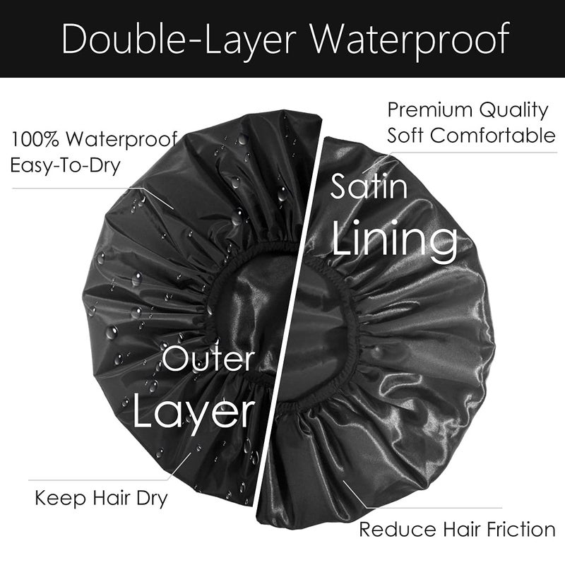 Auban Extra Large Shower Cap, Double-Layer Waterproof Reusable, XL Satin Lining Shower Bonnet for Women Thick, Long Hair, Locs, Braids(Black) - Image 5