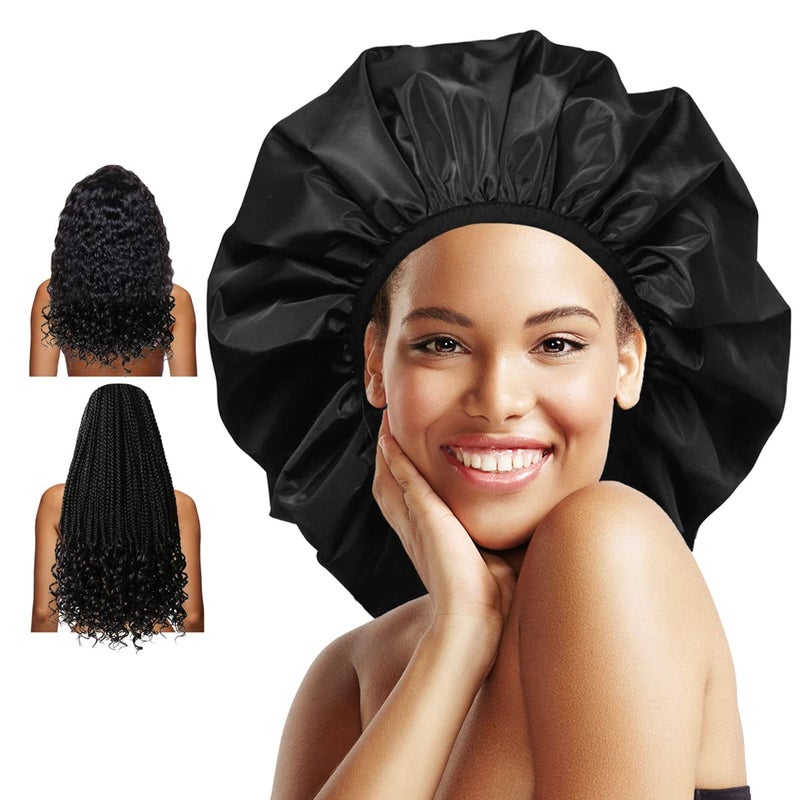 Auban Extra Large Shower Cap, Double-Layer Waterproof Reusable, XL Satin Lining Shower Bonnet for Women Thick, Long Hair, Locs, Braids(Black) - Image 1