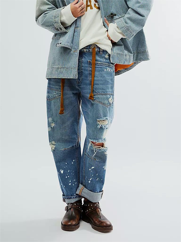 LifeShe Women's Baggy Barrel Jeans Casual Boyfriend Mid Rise Drawstring Wide Leg Denim Pants A-Light Blue - Image 4