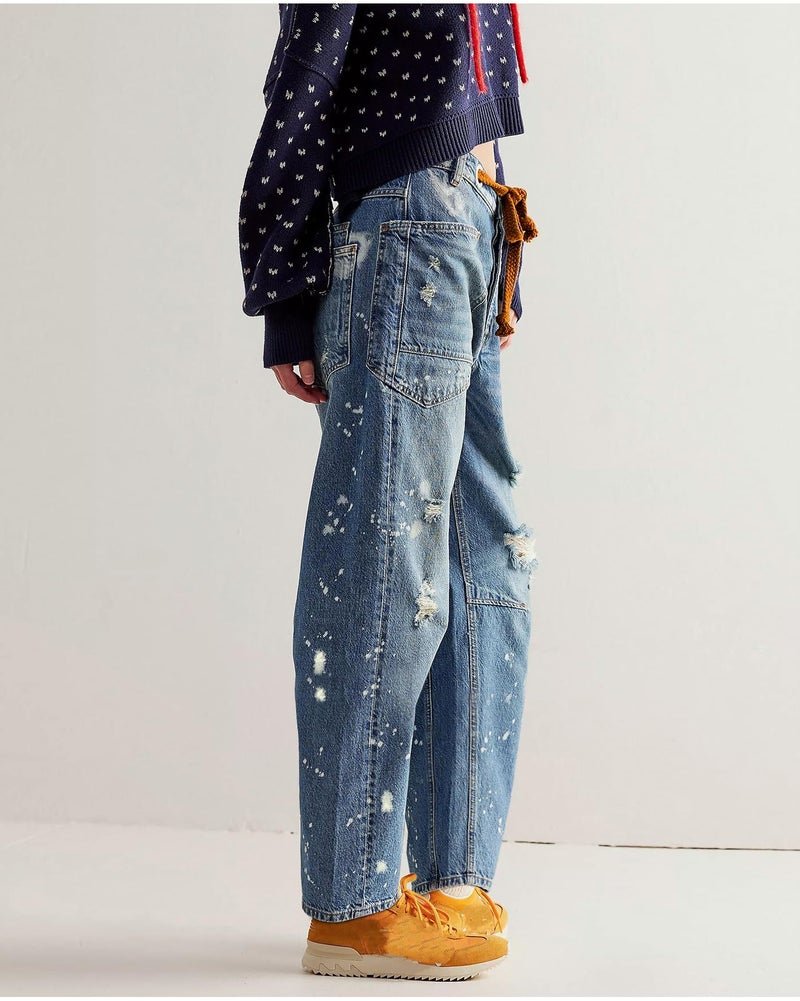 LifeShe Women's Baggy Barrel Jeans Casual Boyfriend Mid Rise Drawstring Wide Leg Denim Pants A-Light Blue - Image 3