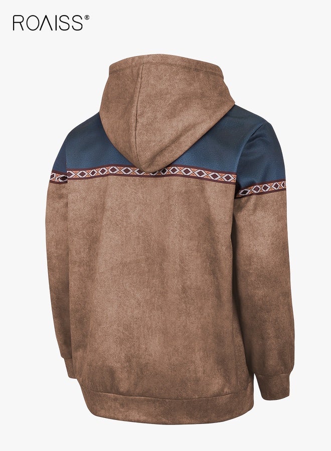 رويس سويت شيرت رجالي بغطاء رأس وغطاء للرأس بلونين بني وأزرق داكن، مقاس كبير، تصميم قابل للغسل في الغسالة لفصل الخريف والشتاء، متعدد الاستخدامات للملابس الرسمية وغير الرسمية، ملابس متينة لجميع المواسم - Image 2