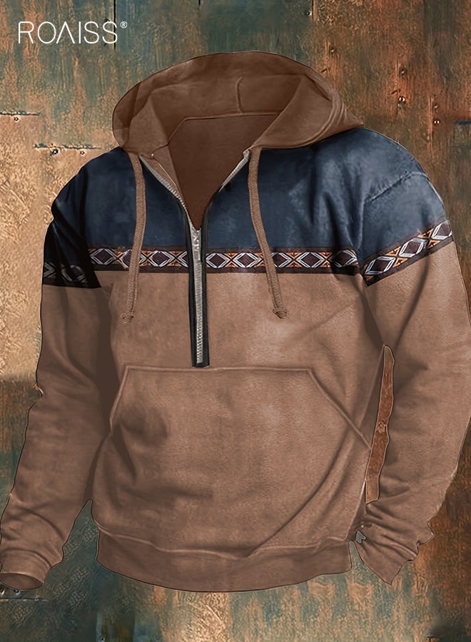 رويس سويت شيرت رجالي بغطاء رأس وغطاء للرأس بلونين بني وأزرق داكن، مقاس كبير، تصميم قابل للغسل في الغسالة لفصل الخريف والشتاء، متعدد الاستخدامات للملابس الرسمية وغير الرسمية، ملابس متينة لجميع المواسم - Image 1