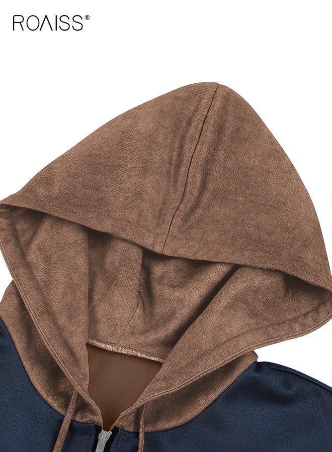 رويس سويت شيرت رجالي بغطاء رأس وغطاء للرأس بلونين بني وأزرق داكن، مقاس كبير، تصميم قابل للغسل في الغسالة لفصل الخريف والشتاء، متعدد الاستخدامات للملابس الرسمية وغير الرسمية، ملابس متينة لجميع المواسم - Image 3