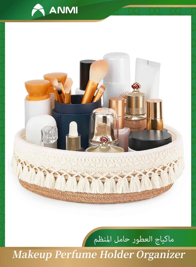 أنمي سلة حبل مكرامية منظِّمة، تخزين زخرفي بوهيمي لمستحضرات التجميل والعطور والعناية بالبشرة | أصفر وأبيض - Image 1