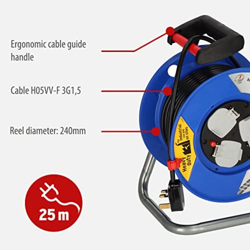 Garant 25 m cable reel, 3-way BS, for outdoor use, steel tube frame and ergonomic handle, durable winding, black, Made in Germany - Image 3