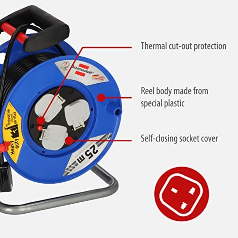 Garant 25 m cable reel, 3-way BS, for outdoor use, steel tube frame and ergonomic handle, durable winding, black, Made in Germany - Image 2