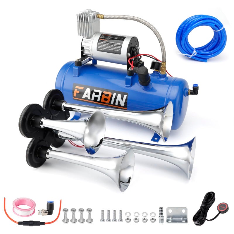 FARBIN Train Horn for Truck 178DB Super Loud Air Horns 4 Trumpet Horns Kit with 150 PSI 12V Air Compressor 6L Air Tank for Truck Car Jeep SUV Train Boat 16 gal 12v air horn kit