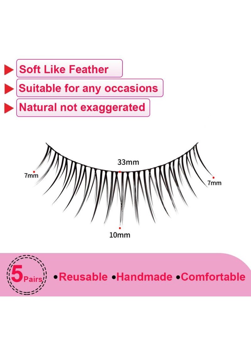 KHAJUL 5 Pairs Fake Eyelashes False Eye Lashes Daily Strip Cross Black Thin Band 7-10mm Comic Manga Natural Curl Lashes Cosplay V Shape Lash for Wedding Party Work Natural Look Eye Makeup - Image 2