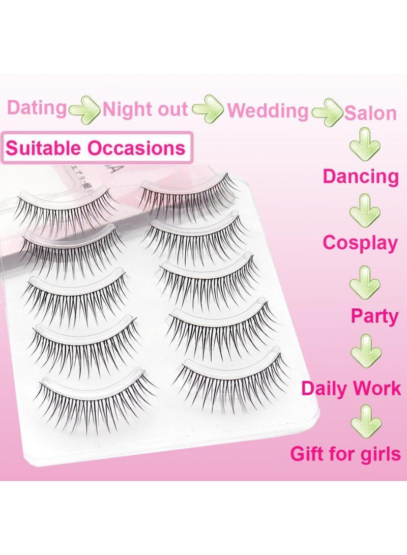 KHAJUL 5 Pairs Fake Eyelashes False Eye Lashes Daily Strip Cross Black Thin Band 7-10mm Comic Manga Natural Curl Lashes Cosplay V Shape Lash for Wedding Party Work Natural Look Eye Makeup - Image 3