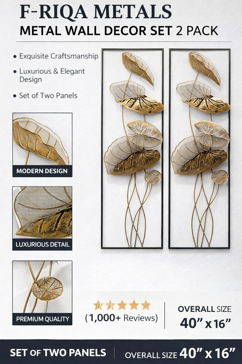 F-RIQA METAL® Golden Leaf Metal Wall Art Set of 2 Panels | Modern Iron Wall Hanging Decor for Living Room, Bedroom, Dining Room, Hallway & Office (36 × 13 Inch Each) - Image 2
